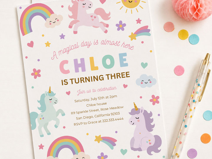 Birthday party RSVP wording example on a kids invitation