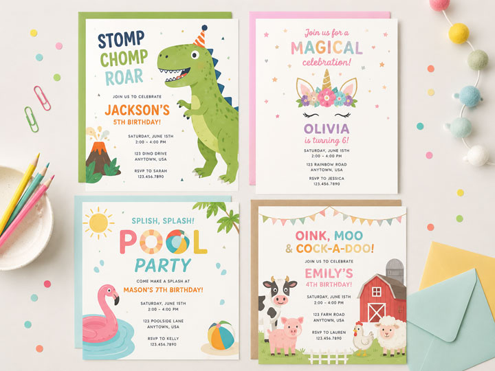 Editable kids birthday party invitations with fun party themes