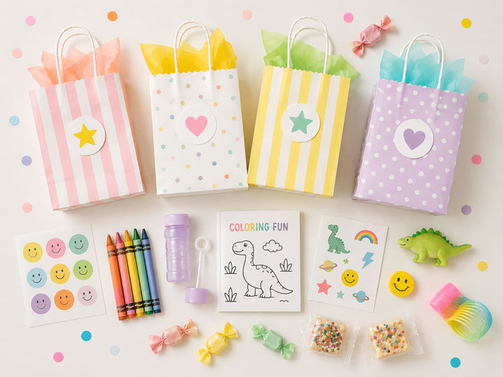Goodie bag ideas for a kids birthday party with stickers, crayons, bubbles, and small toys