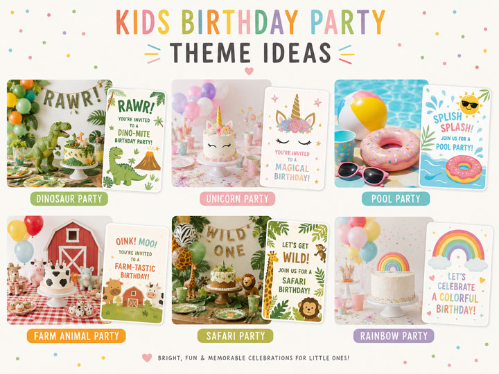 Kids birthday party theme ideas including dinosaur, unicorn, pool party, and farm animal themes
