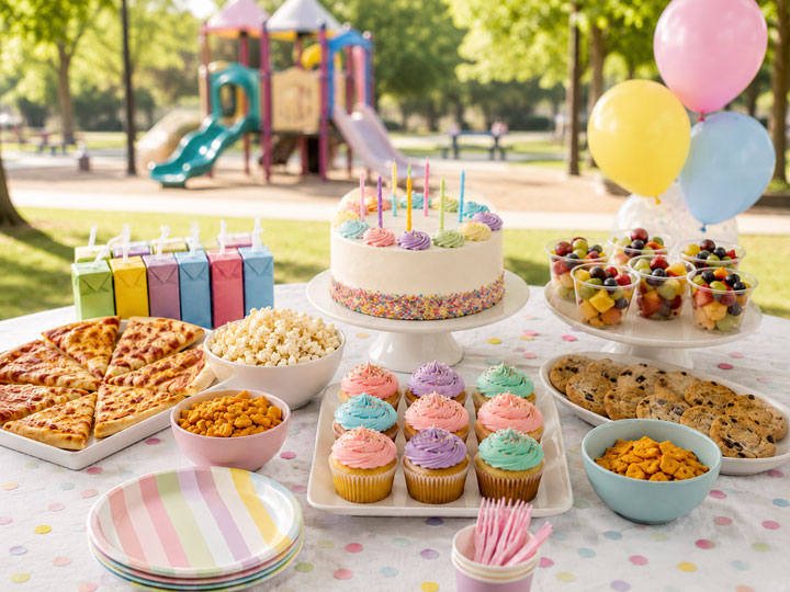 Simple kids birthday party food with pizza, cupcakes, fruit, and juice boxes