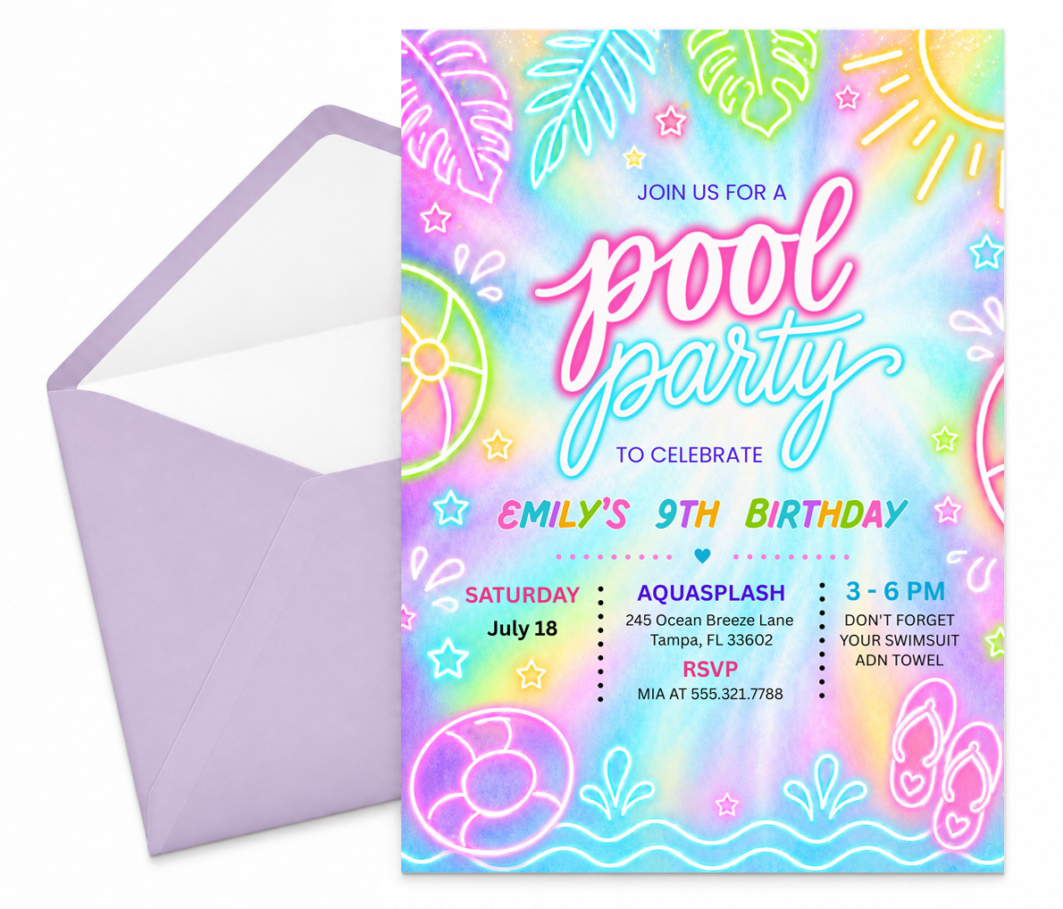 Pool Party Birthday Invitation Canva Template for Kids Girl Rainbow Neon Party