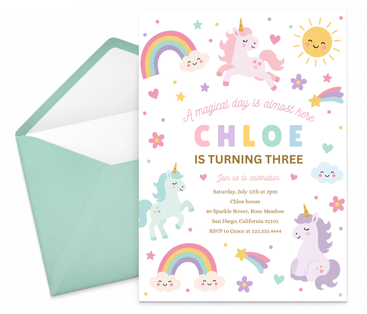 Editable Rainbow Unicorn Birthday Party Invitation Template, Magical Pastel Fairytale Unicorn Invite