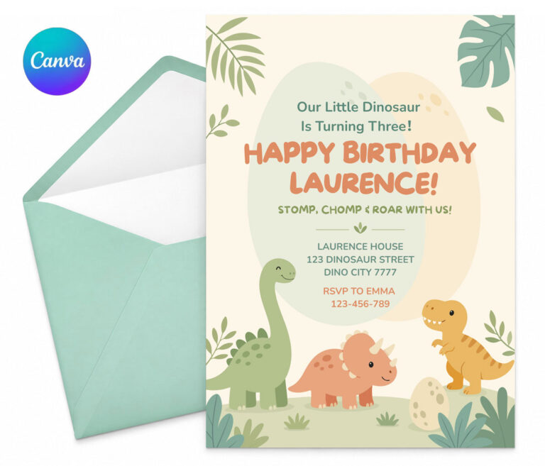 Kids Dinosaur Birthday Invitation Three Rex Cute Dino Canva Template