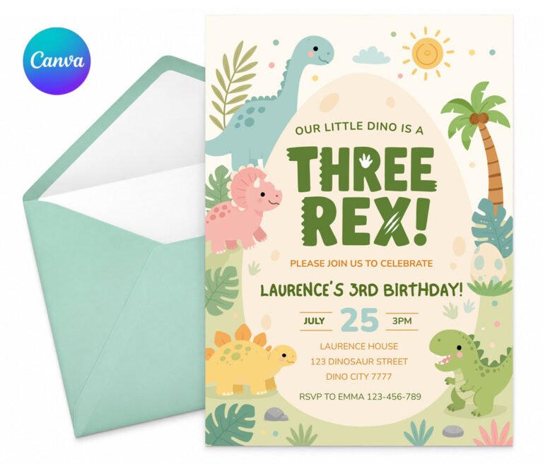 Three Rex Invitation Girl Cute Dinosaur Birthday Party Canva Template