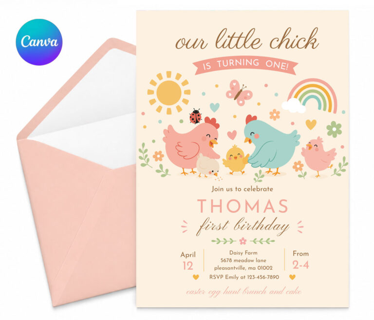 Editable Chicken Birthday Party Invitations This Chick Is One Farm Animal 1st Birthday Invite