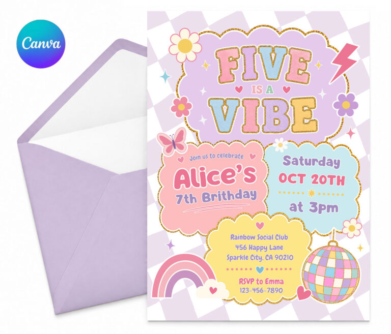 Five Is A Vibe Birthday Invitation for Preppy Disco 5th Birthday Party Invite