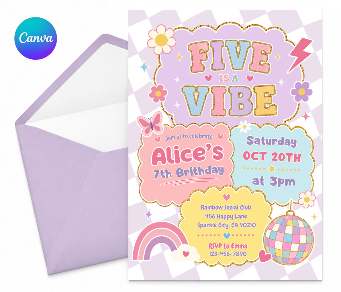 Five Is A Vibe Birthday Invitation for Preppy Disco 5th Birthday Party Invite