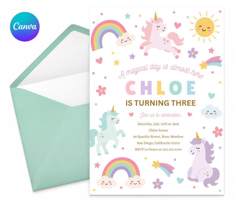 Editable Rainbow Unicorn Birthday Party Invitation Template, Magical Pastel Fairytale Unicorn Invite
