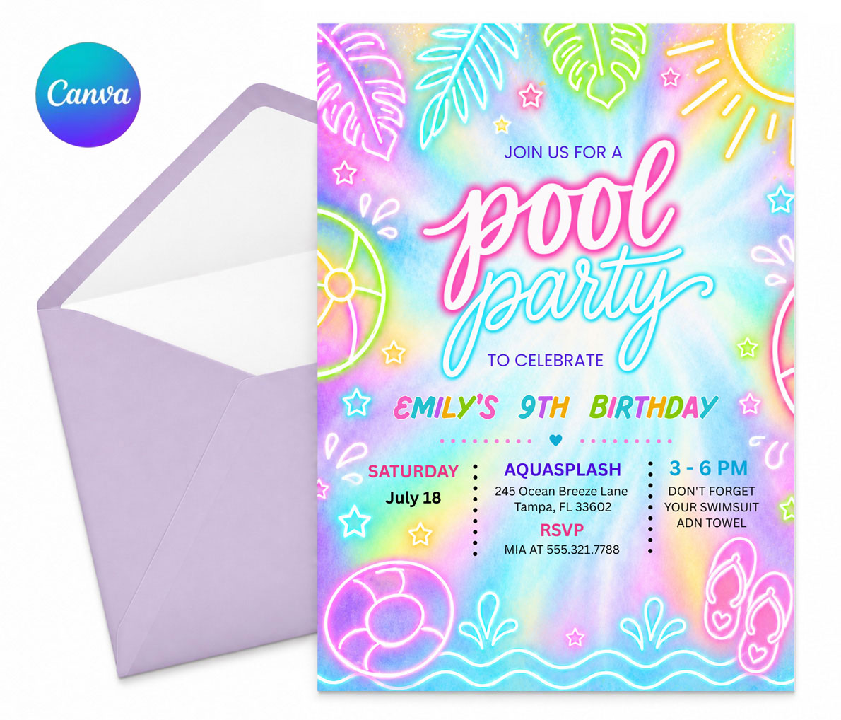 Pool Party Birthday Invitation Canva Template for Kids Girl Rainbow Neon Party