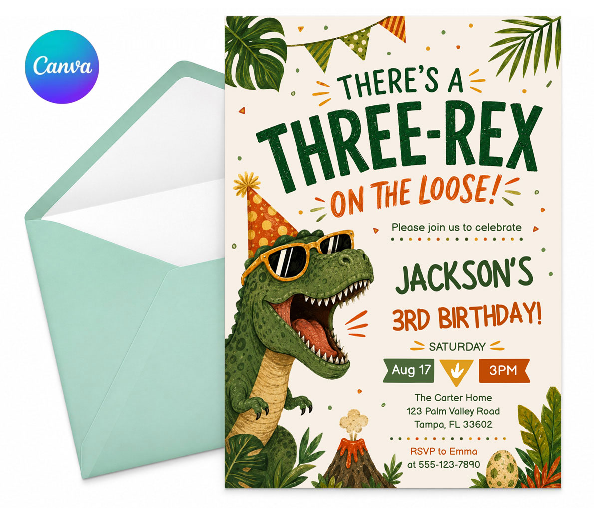 Three Rex Birthday Invitation Dinosaur T Rex Party Canva Template